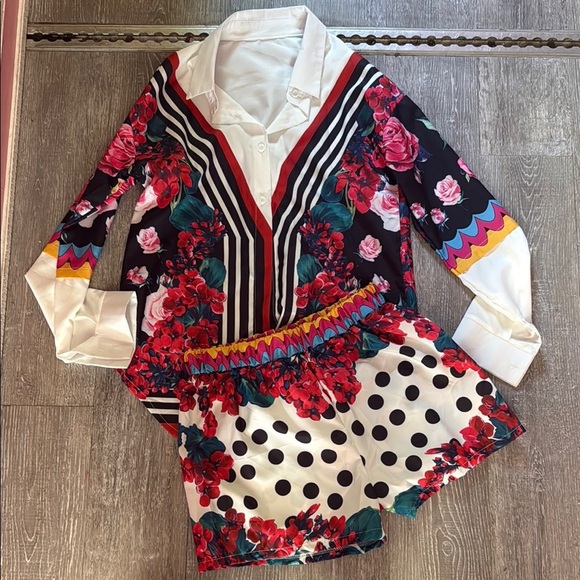 Pants - Floral and Striped Long Sleeve Top with Polka Dot Shorts
